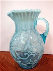 VINTAGE AQUA BLUE OPALESCENT ART GLASS FLOWER & LEAF RUFFLED/PLEATED RIM 9.5